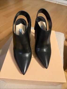 Prada Black Pointed Leather Slingback Booties